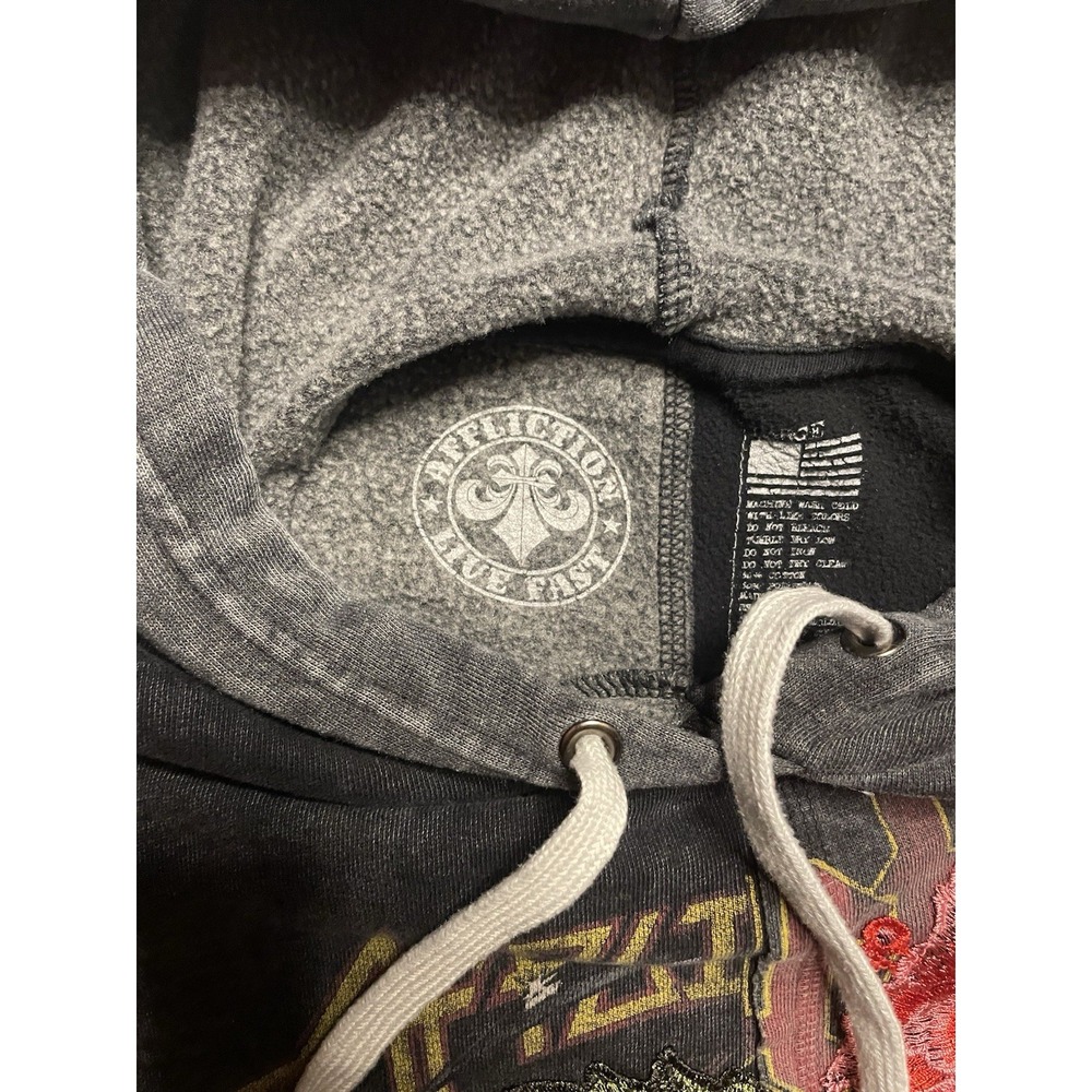 AFFLICTION Hysteria Graphic Hoodie Pullover Acid Black Embroidered Women's L - Picture 11 of 16